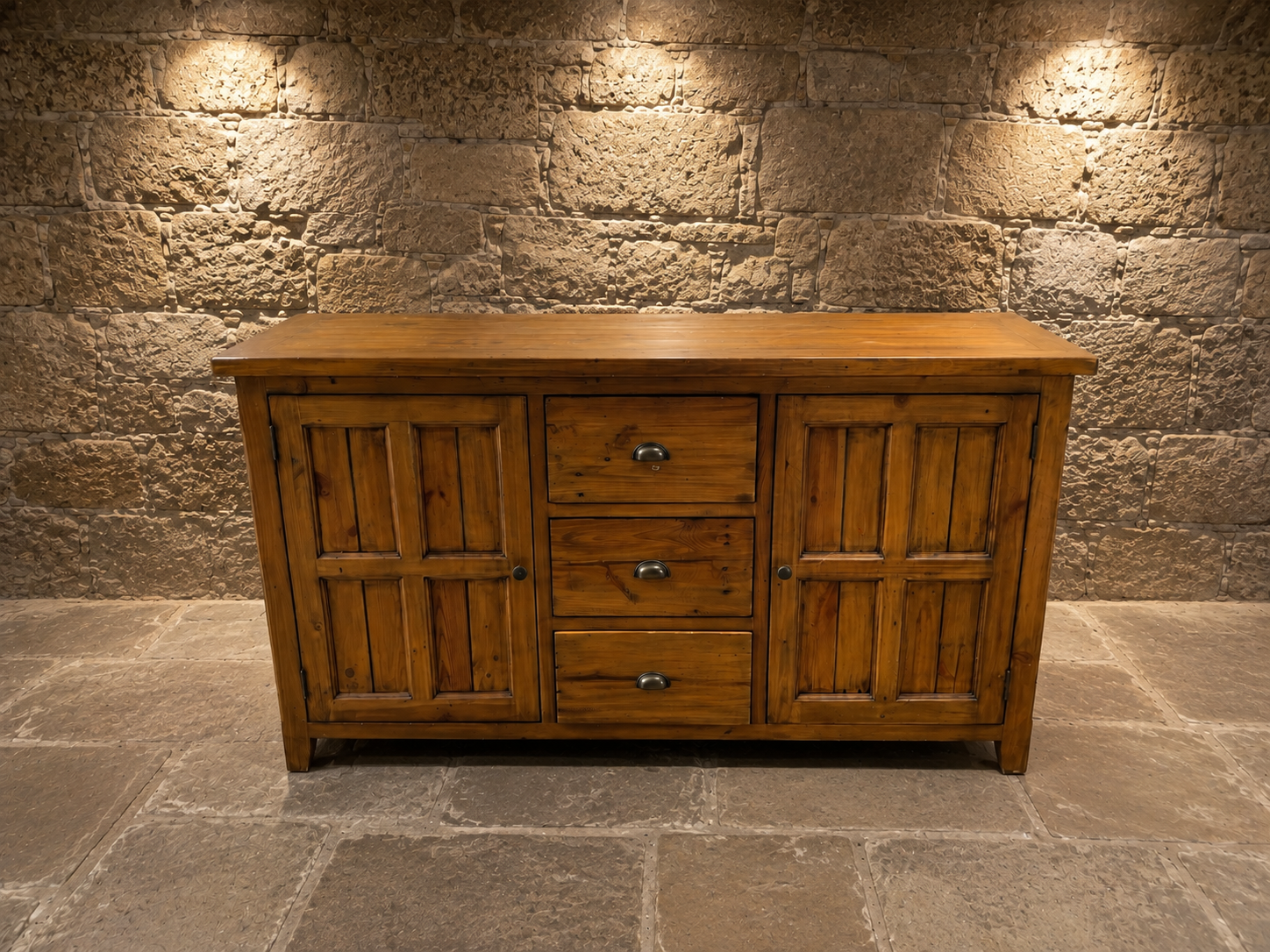 Large Rustic Pine Farmhouse Sideboard – 3 Drawer & Double Cupboard Storage Cabinet