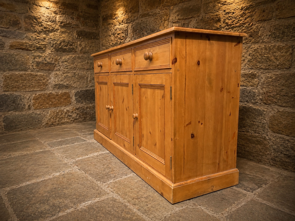Large Vintage Pine Farmhouse Sideboard – Three Drawer Country Kitchen Storage Cabinet