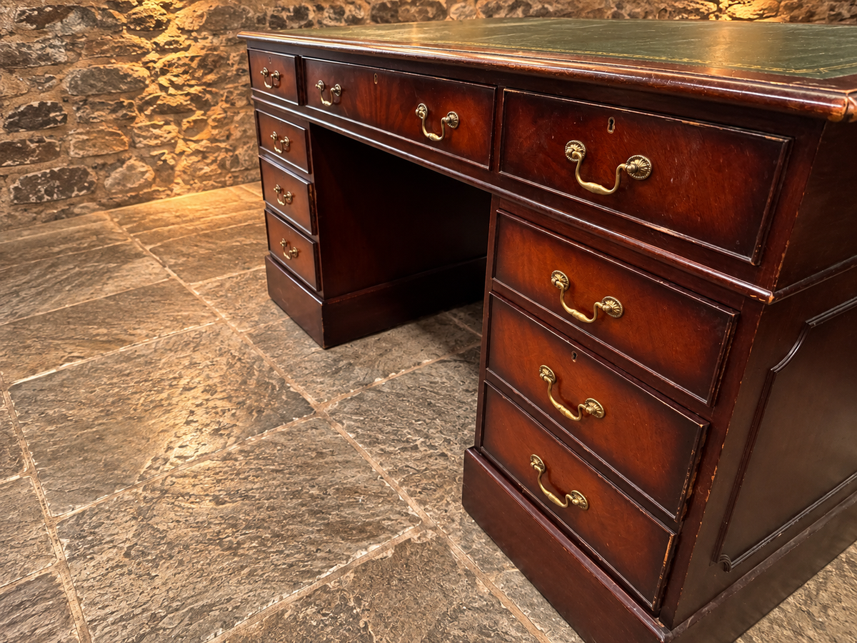 Antique Mahogany Twin Pedestal Writing Desk with Green Leather Top | Victorian Edwardian