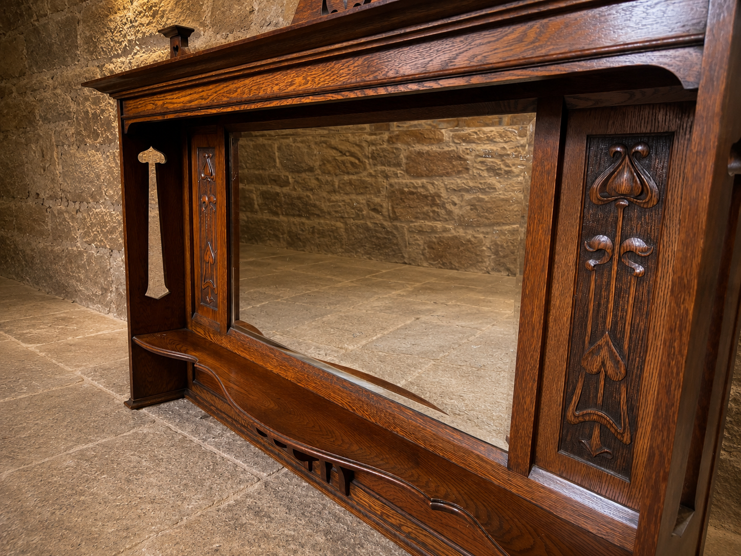 Antique Arts & Crafts Oak Overmantel Mirror | Edwardian English Fireplace Mirror | Solid Oak Hall Mirror | Original Antique Wall Mirror