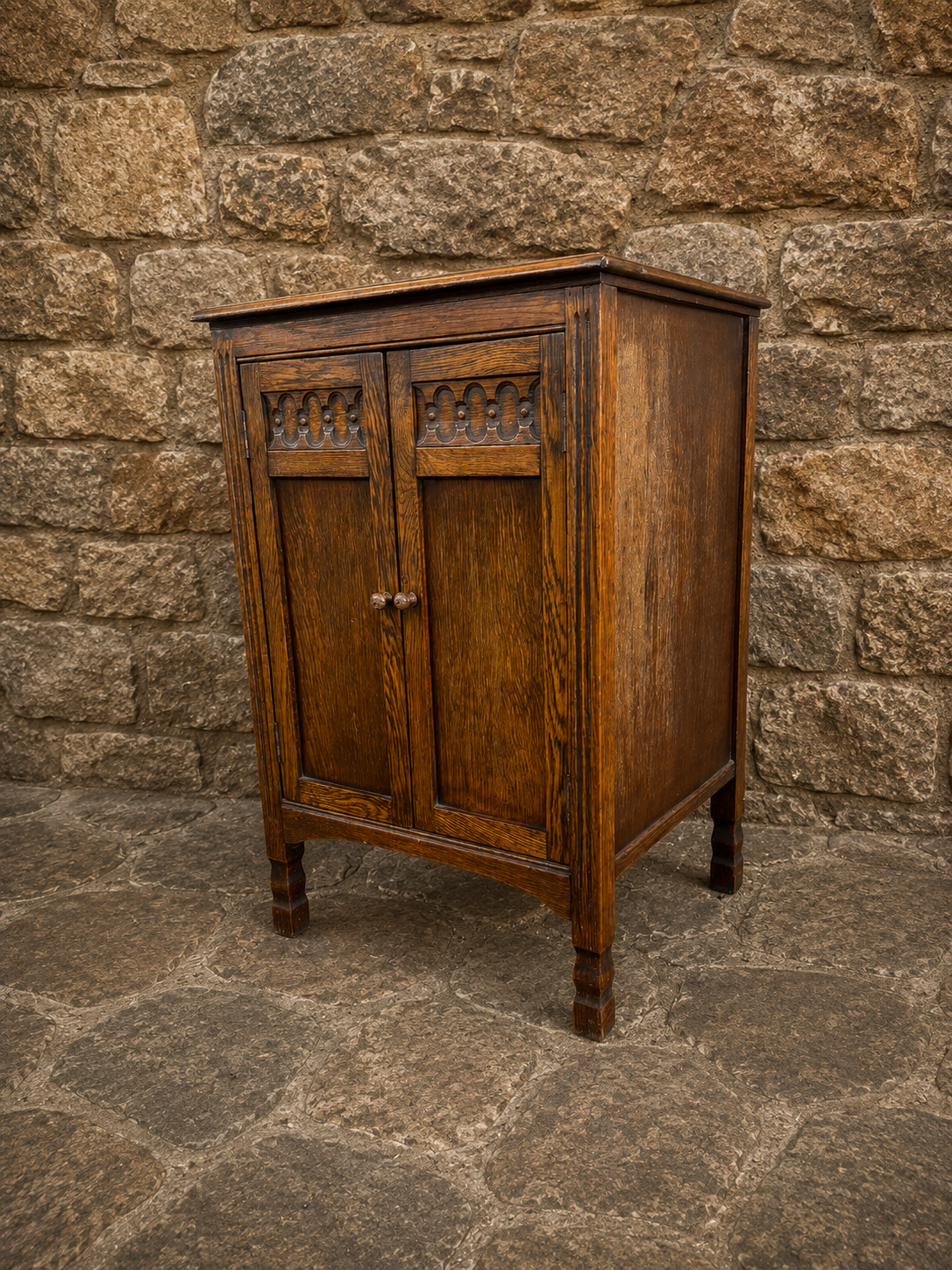 Antique Oak Smokers Cabinet – Arts & Crafts Jacobean Revival Storage Cabinet