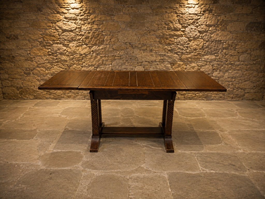Vintage Dark Oak Extending Dining Table – Jacobean Style Carved Refectory Table