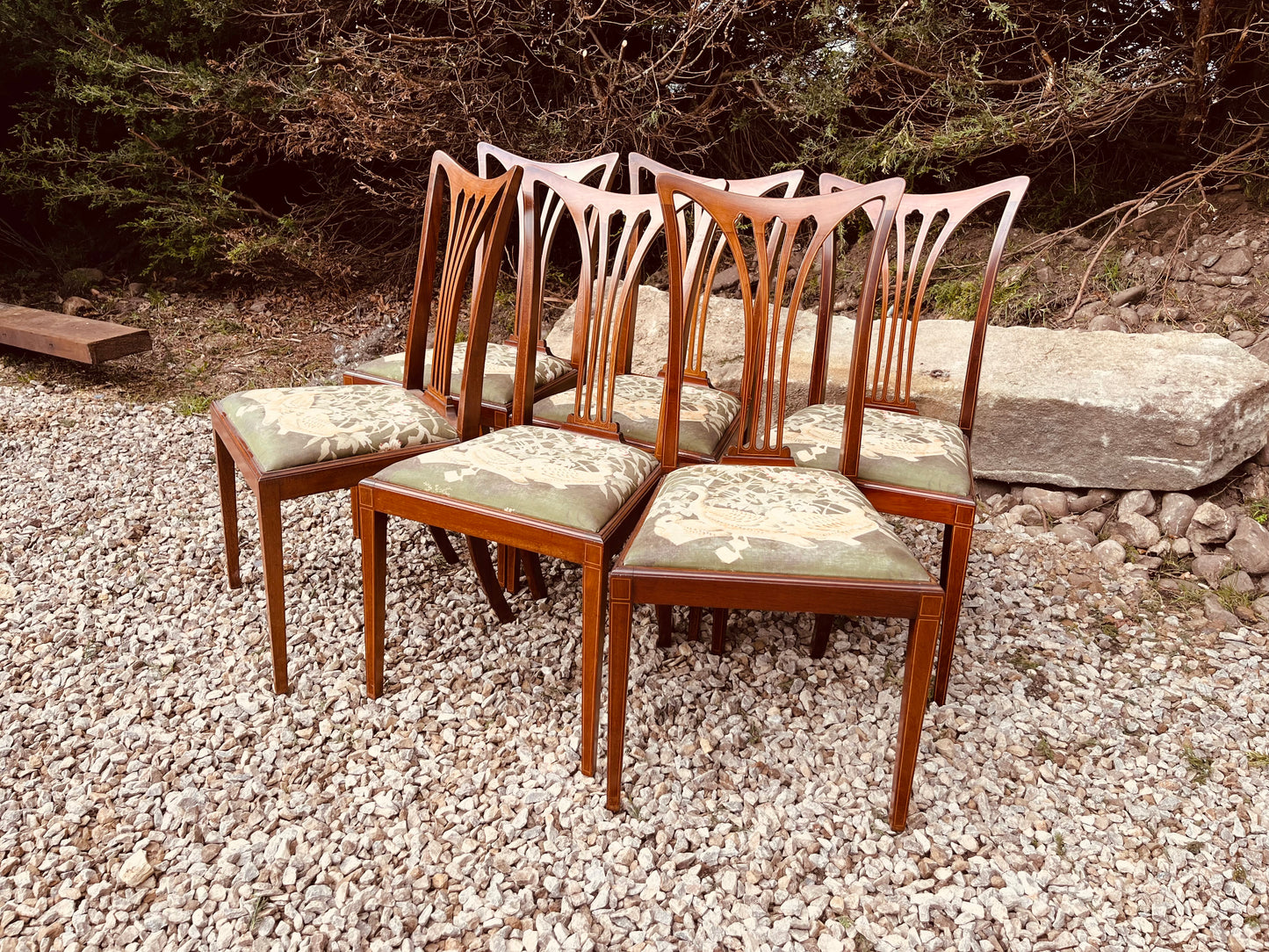 Set of 6 Antique Edwardian Mahogany Dining Chairs – Sheraton Revival Inlaid Chairs Circa 1910