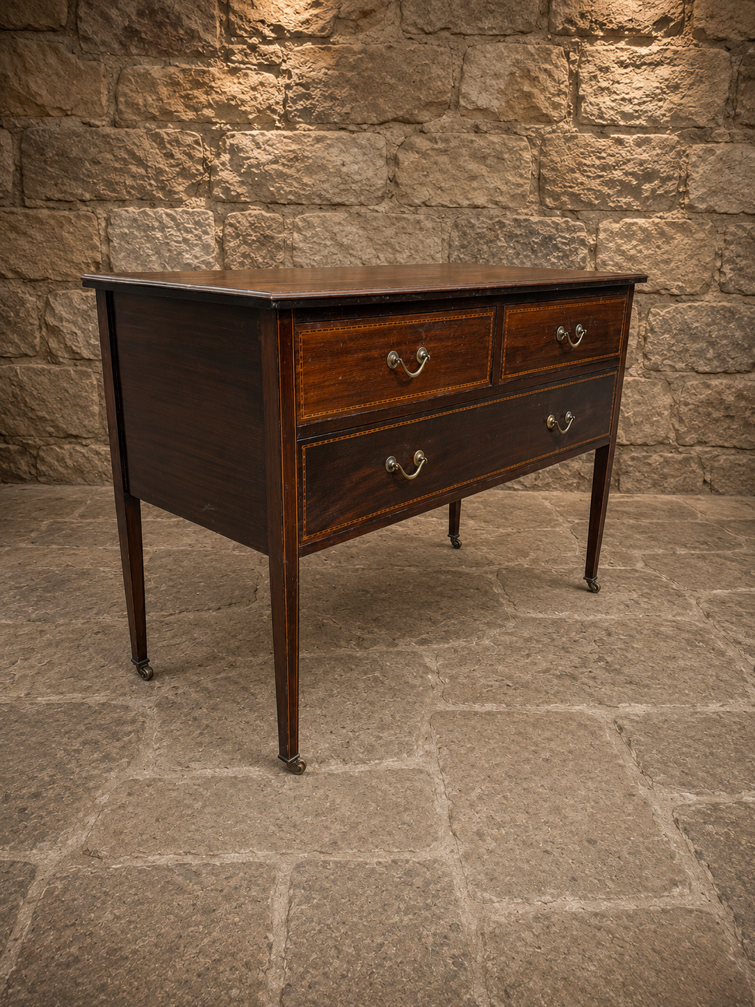 Antique Edwardian Inlaid Mahogany Chest of Drawers on Castors