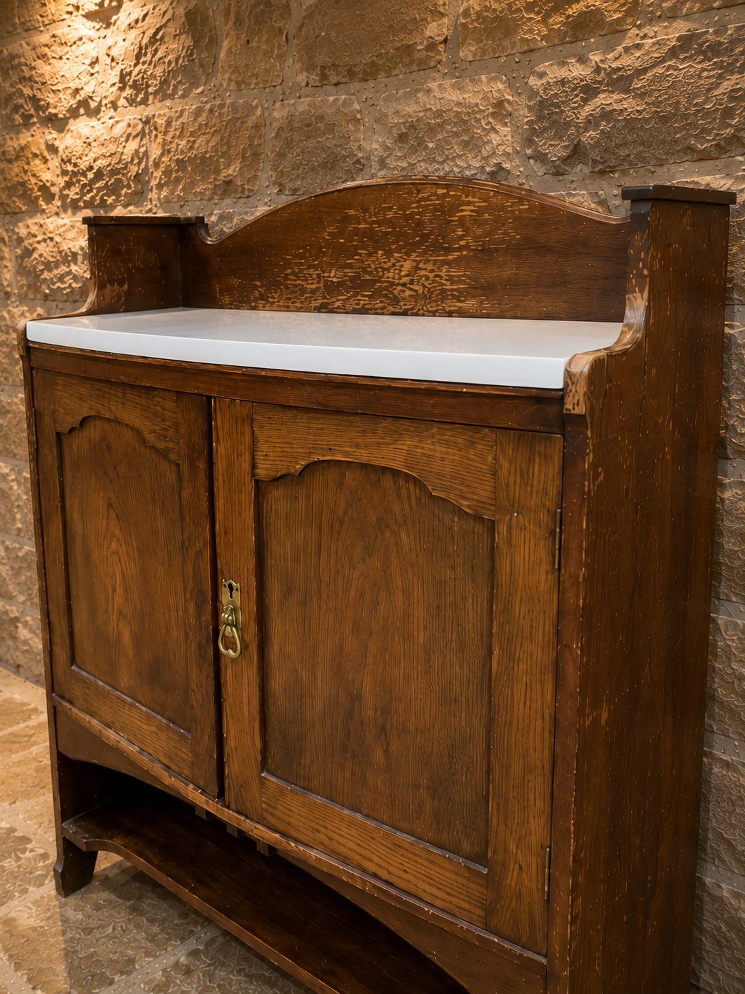 Antique Edwardian Arts & Crafts Oak Washstand | Original Ceramic Top | Hall Cabinet | Bathroom Vanity | Country Cottage Storage Cupboard | Circa 1900–1915