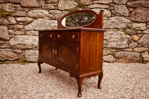 1920s Serpentine Walnut Sideboard with Mirror Back – Queen Anne Style Cabinet