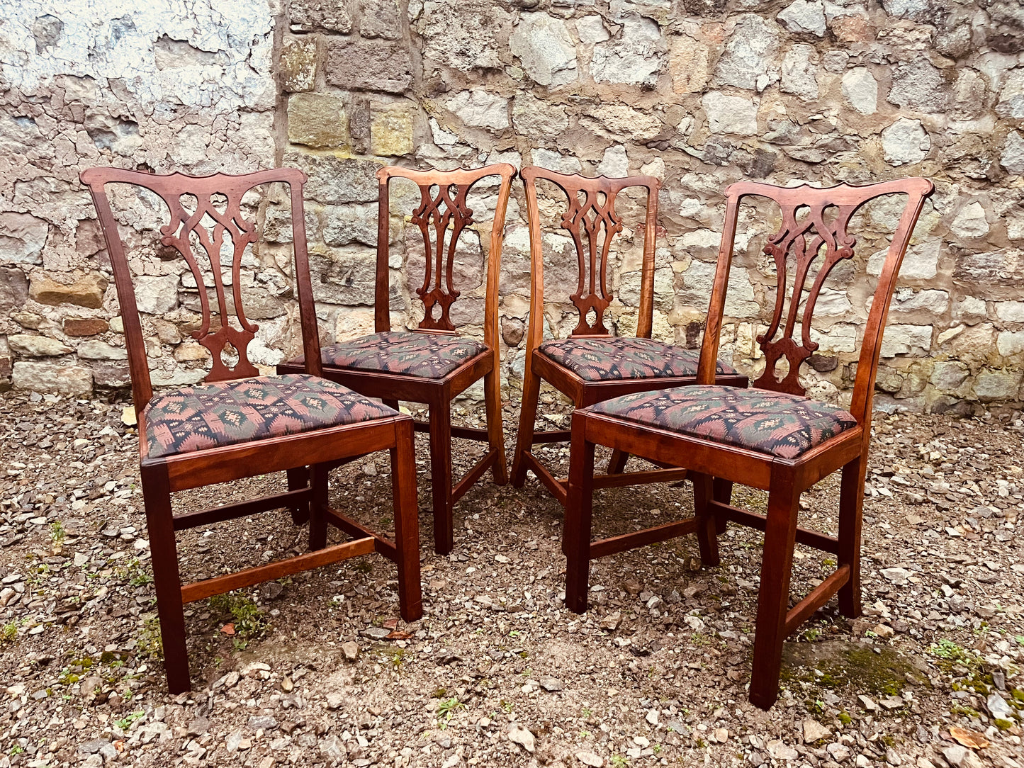 Vintage Dining Chairs – Set of 4 Chippendale Style Wooden Upholstered Chairs
