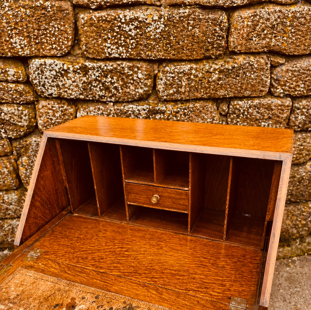 Vintage Oak Bureau Desk – 1930s Fall Front Writing Desk with Carved Detail