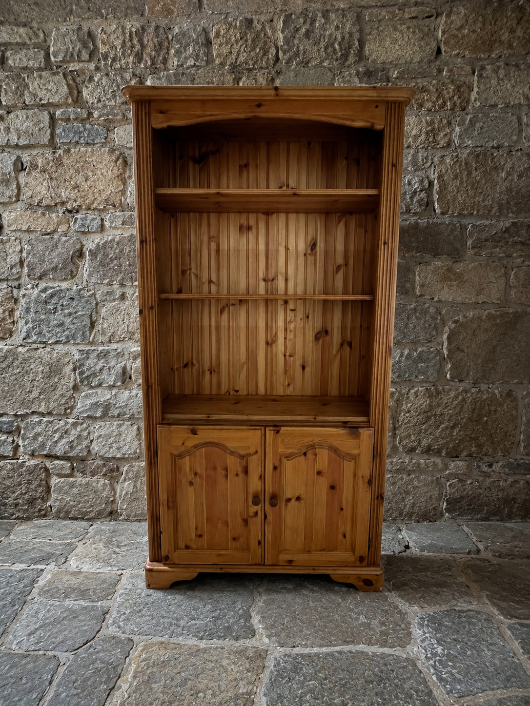 Vintage Rustic Pine Farmhouse Bookcase Cabinet with Cupboard Storage