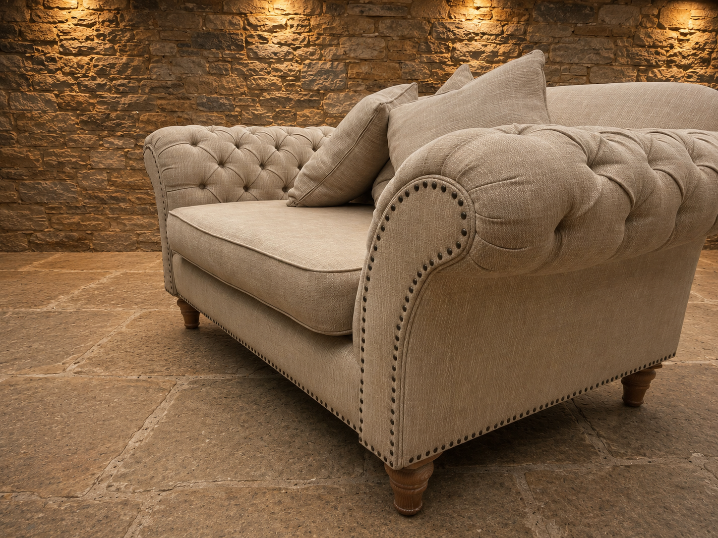 Luxury Chesterfield Style Oversized Snuggler Sofa – Neutral Linen Buttoned Love Seat