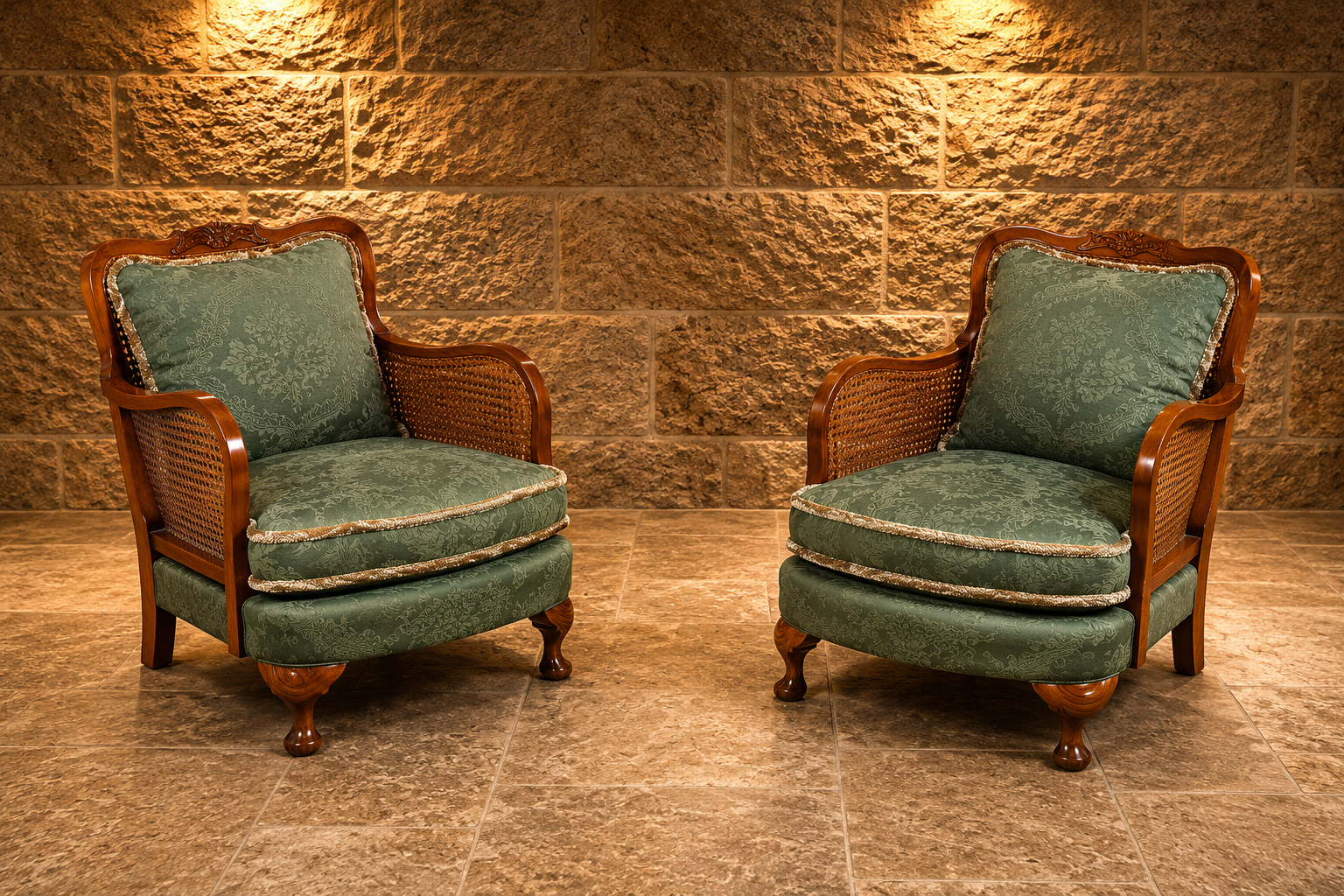 Pair of Vintage Art Deco Bergère Armchairs | Walnut & Cane Accent Chairs | Elegant Lounge Seating