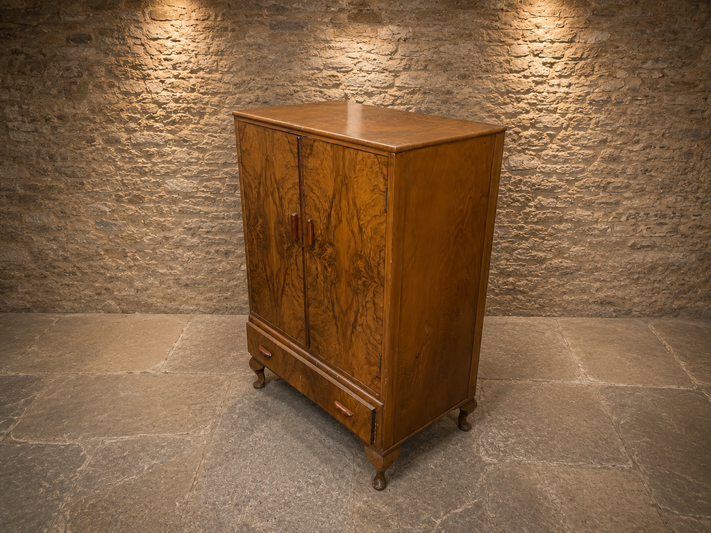 Art Deco Figured Walnut Cabinet | 1930s English Walnut Storage Cabinet | Vintage Drinks Cabinet | Linen Cupboard