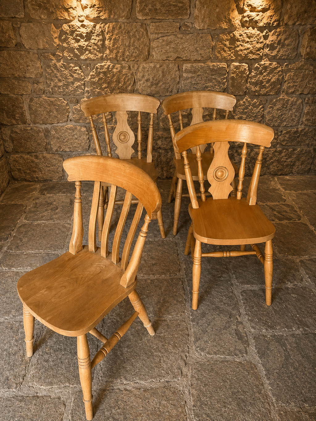 Set of Four Solid Elm & Beech Farmhouse Kitchen Chairs | Windsor Style Country Dining Chairs | Rustic Cottage Seating