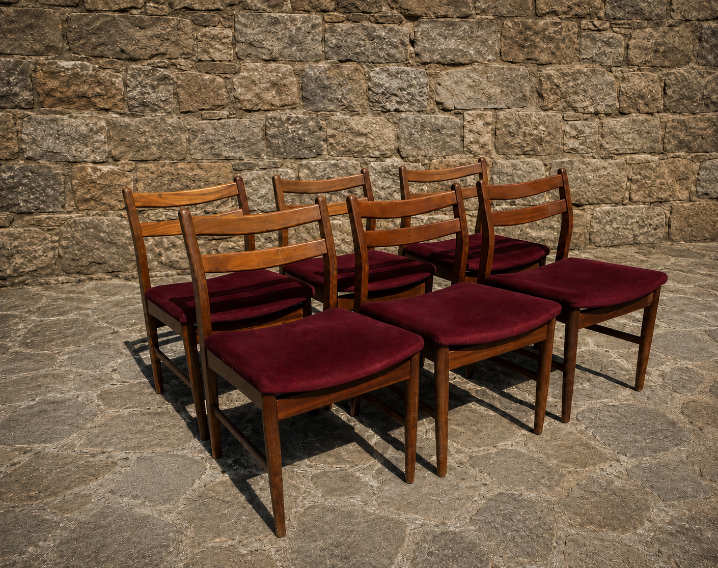 Set of 6 Mid Century Dining Chairs with Burgundy Upholstered Seats