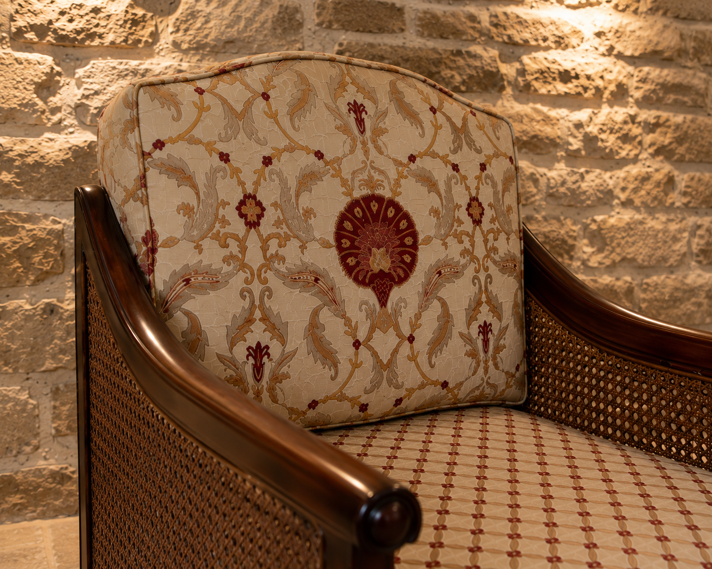 Pair of Edwardian Mahogany Bergère Armchairs | Antique Cane Lounge Chairs | English Upholstered Library Chairs | c.1905–1915