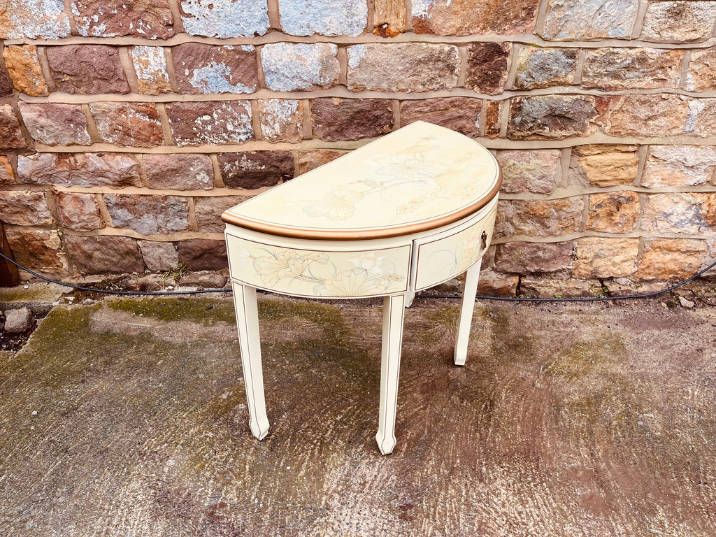 Chinese Lacquer Demi Lune Console Table – Hand Painted Cream Oriental Hall Table