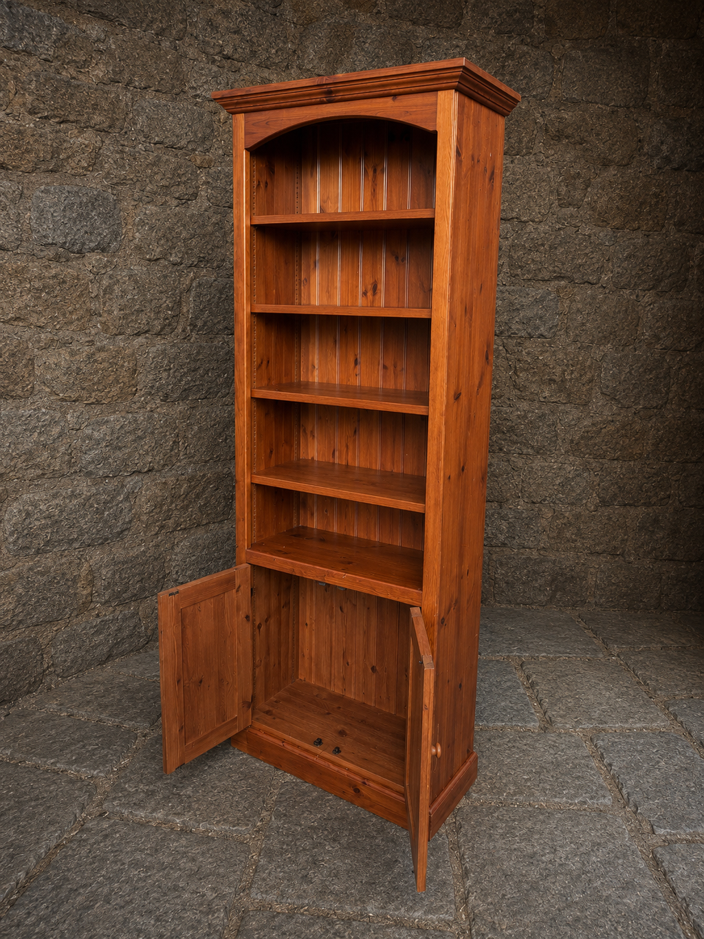 Rustic Solid Pine Bookcase Cabinet with Cupboard Storage