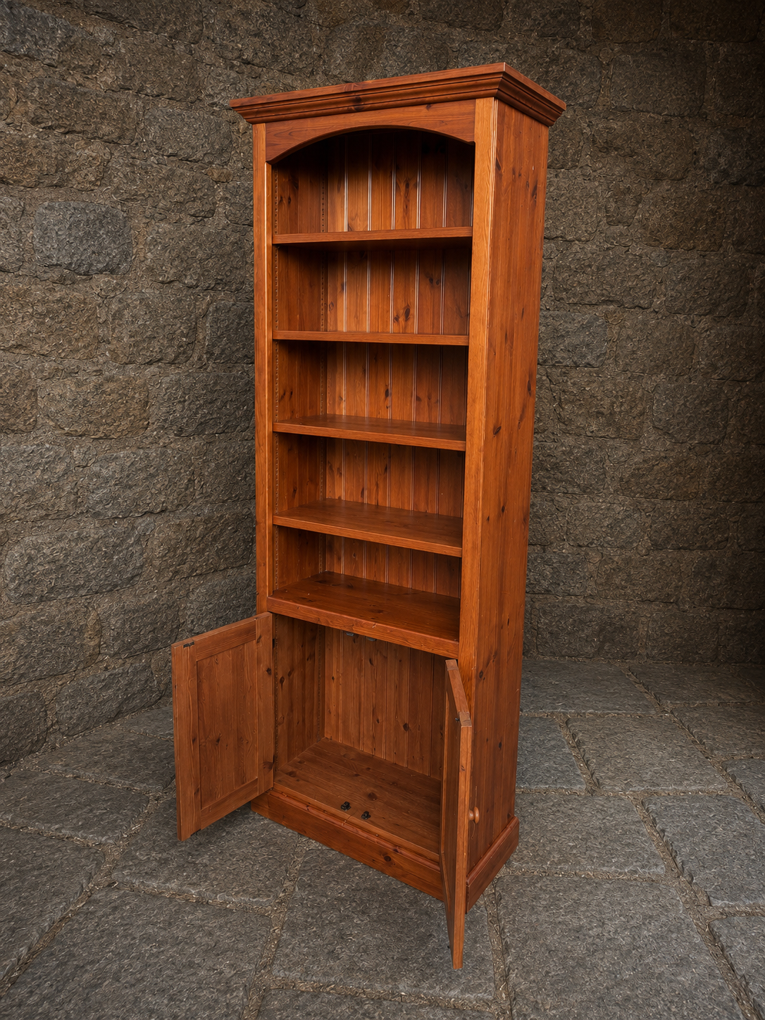 Rustic Solid Pine Bookcase Cabinet with Cupboard Storage