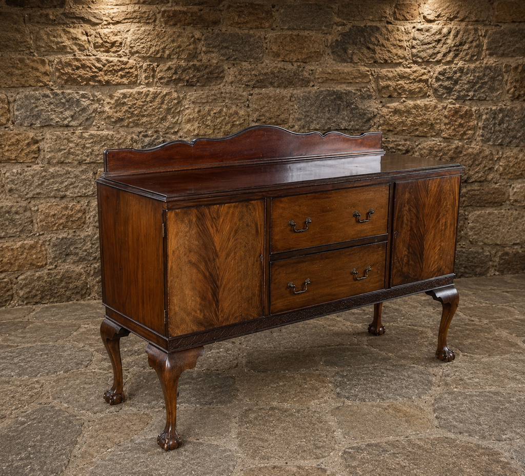 Antique Chippendale Revival Figured Walnut Sideboard – Circa 1920 – Ball & Claw Feet