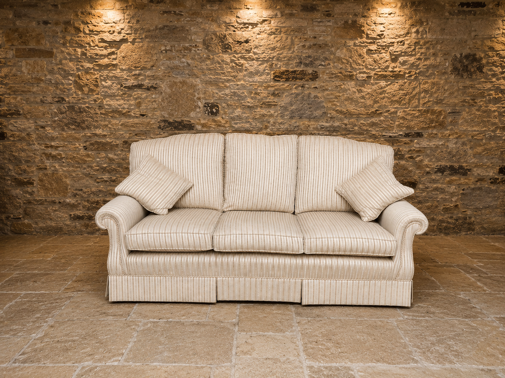 Traditional English Three Seater Sofa in Neutral Striped Upholstery