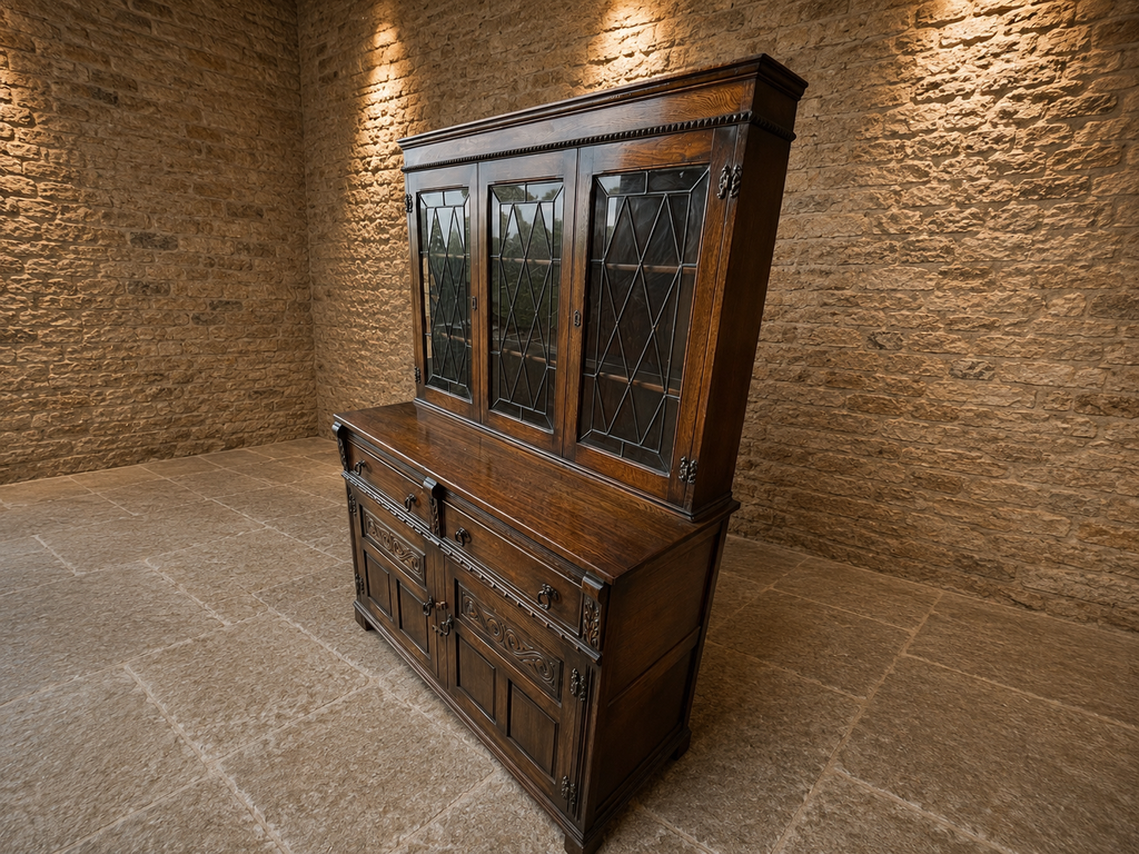 Large Jacobean Revival Oak Dresser | Leaded Glass Display Cabinet | Antique Style Welsh Dresser