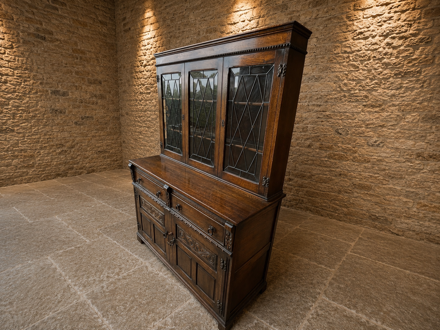 Large Jacobean Revival Oak Dresser | Leaded Glass Display Cabinet | Antique Style Welsh Dresser