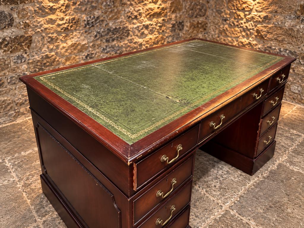 Antique Mahogany Twin Pedestal Writing Desk with Green Leather Top | Victorian Edwardian