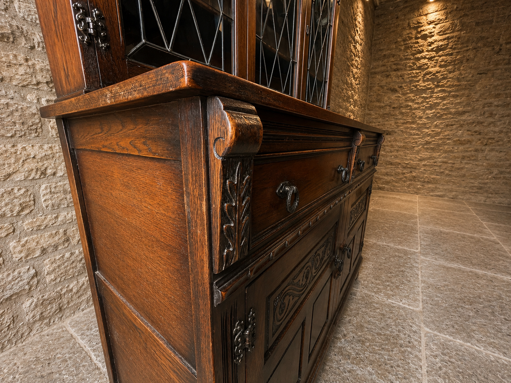 Large Jacobean Revival Oak Dresser | Leaded Glass Display Cabinet | Antique Style Welsh Dresser