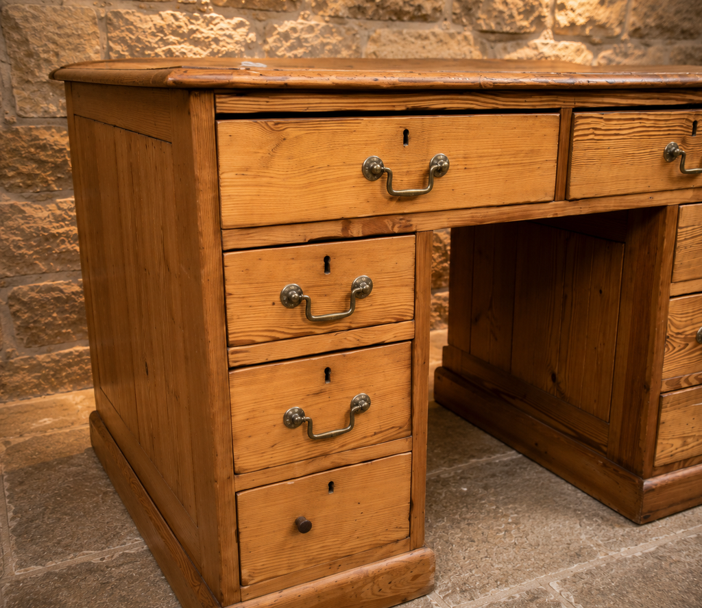Antique Victorian Pitch Pine Pedestal Desk – Country House Writing Desk
