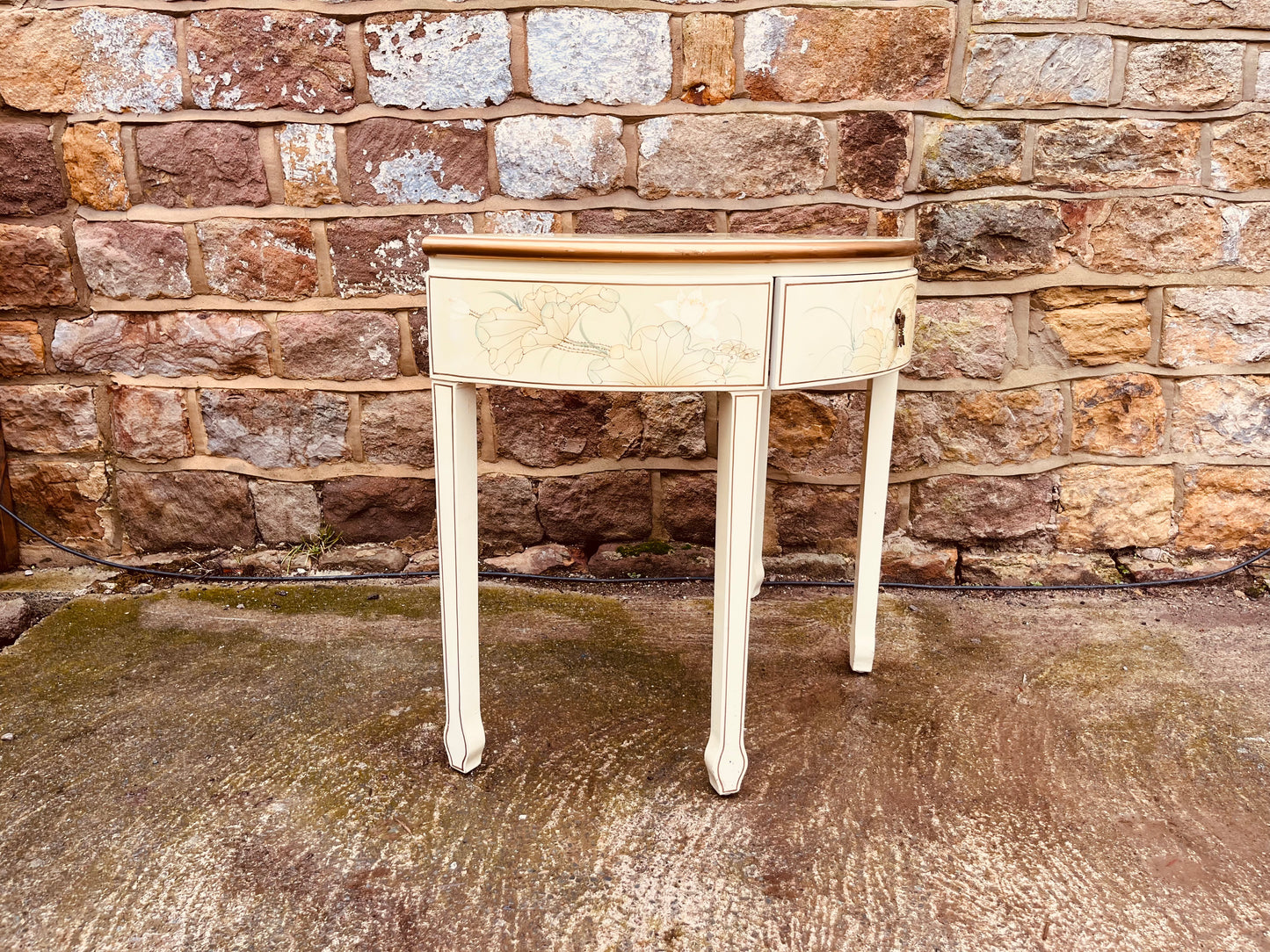 Chinese Lacquer Demi Lune Console Table – Hand Painted Cream Oriental Hall Table