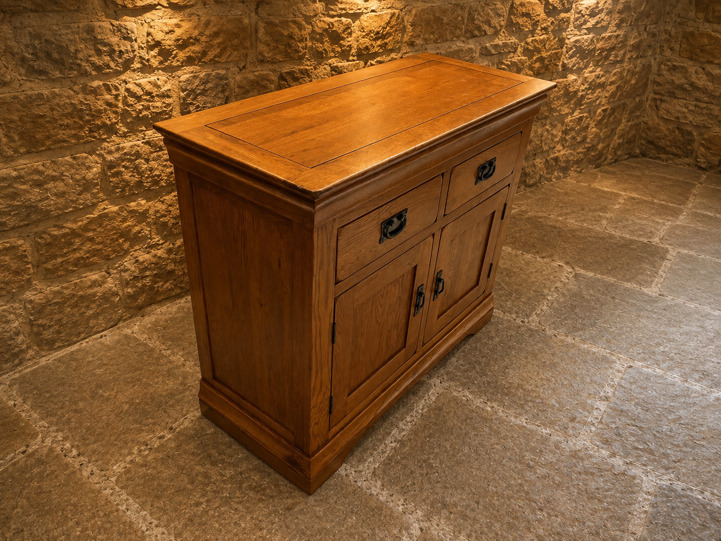 Solid Oak Arts & Crafts Style Sideboard – Two Drawer & Double Cupboard Storage