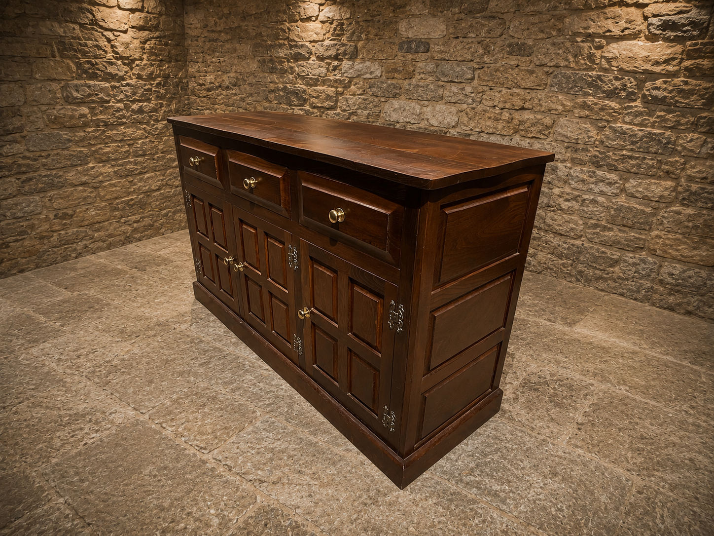 Jacobean Revival Solid Oak Sideboard | Vintage English Oak Buffet Cabinet | Rustic Farmhouse Sideboard | Large Country House Storage Cabinet