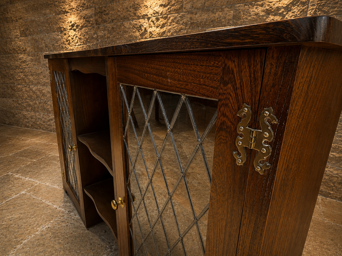 Jacobean Revival Oak Leaded Glass Sideboard | English Oak Drinks Cabinet | Country Farmhouse Display Cabinet