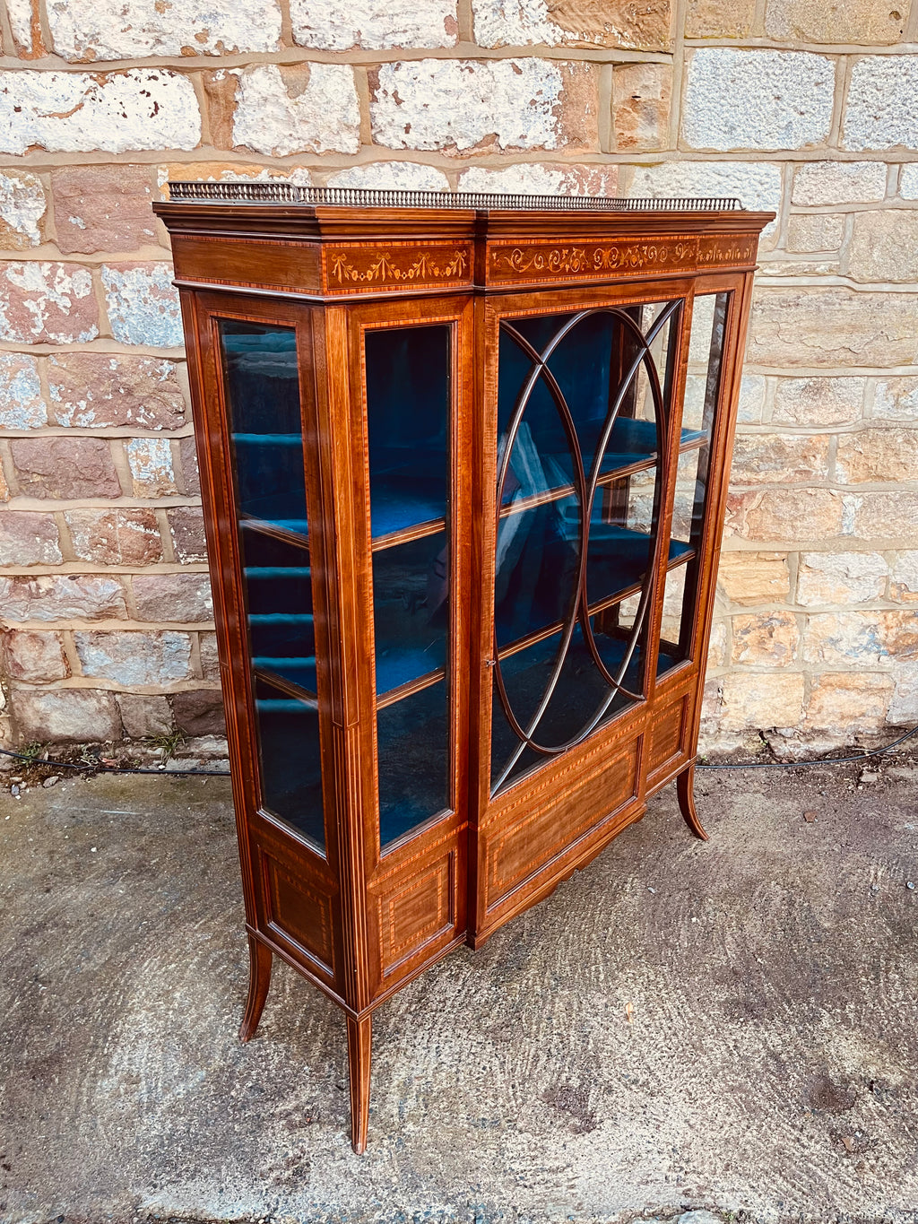 Edwardian Inlaid Display Cabinet with Astragal Glazed Door & Velvet Interior – Antique Marquetry Curio Cabinet
