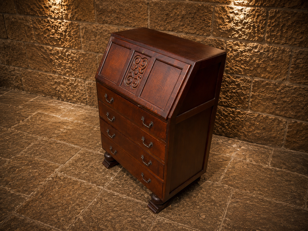 Antique Oak Bureau | Arts & Crafts Writing Desk | Jacobean Revival Fall Front Bureau | Vintage Secretary Desk