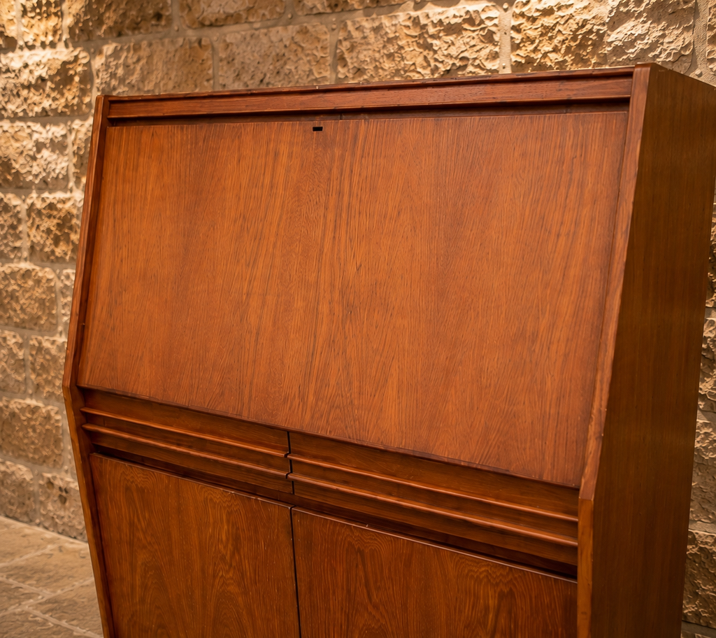 Mid-Century Modern Teak Bureau Desk | Danish Style Drop Front Writing Bureau | Vintage Secretary Desk & Cocktail Cabinet