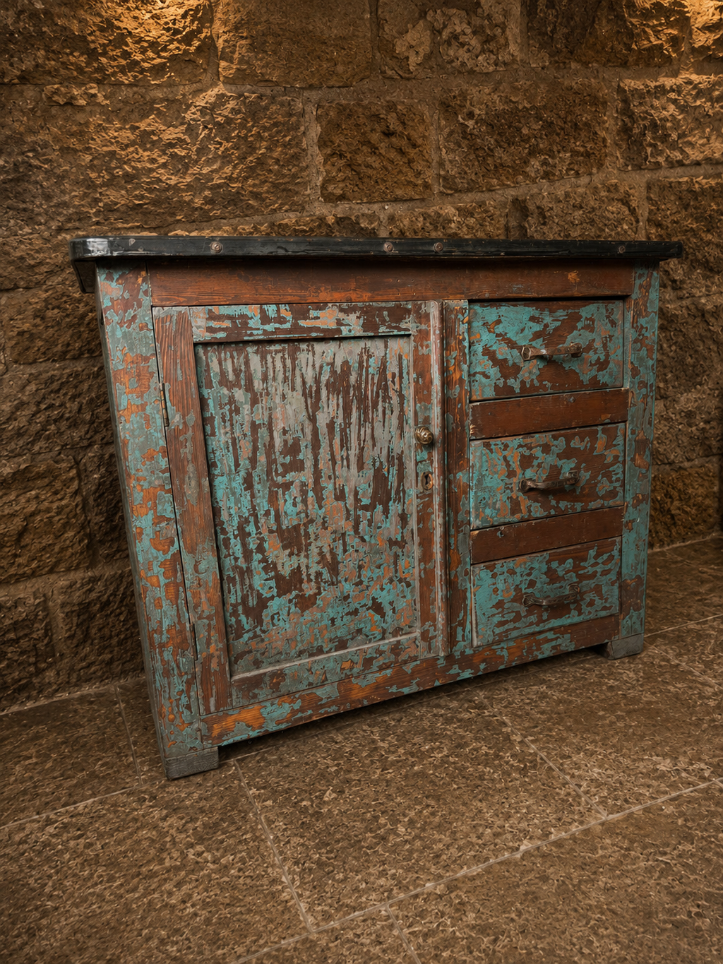 Antique Industrial Pine Sideboard | Original Painted Workshop Cabinet | Metal Top Storage Cabinet | Rustic Kitchen Island