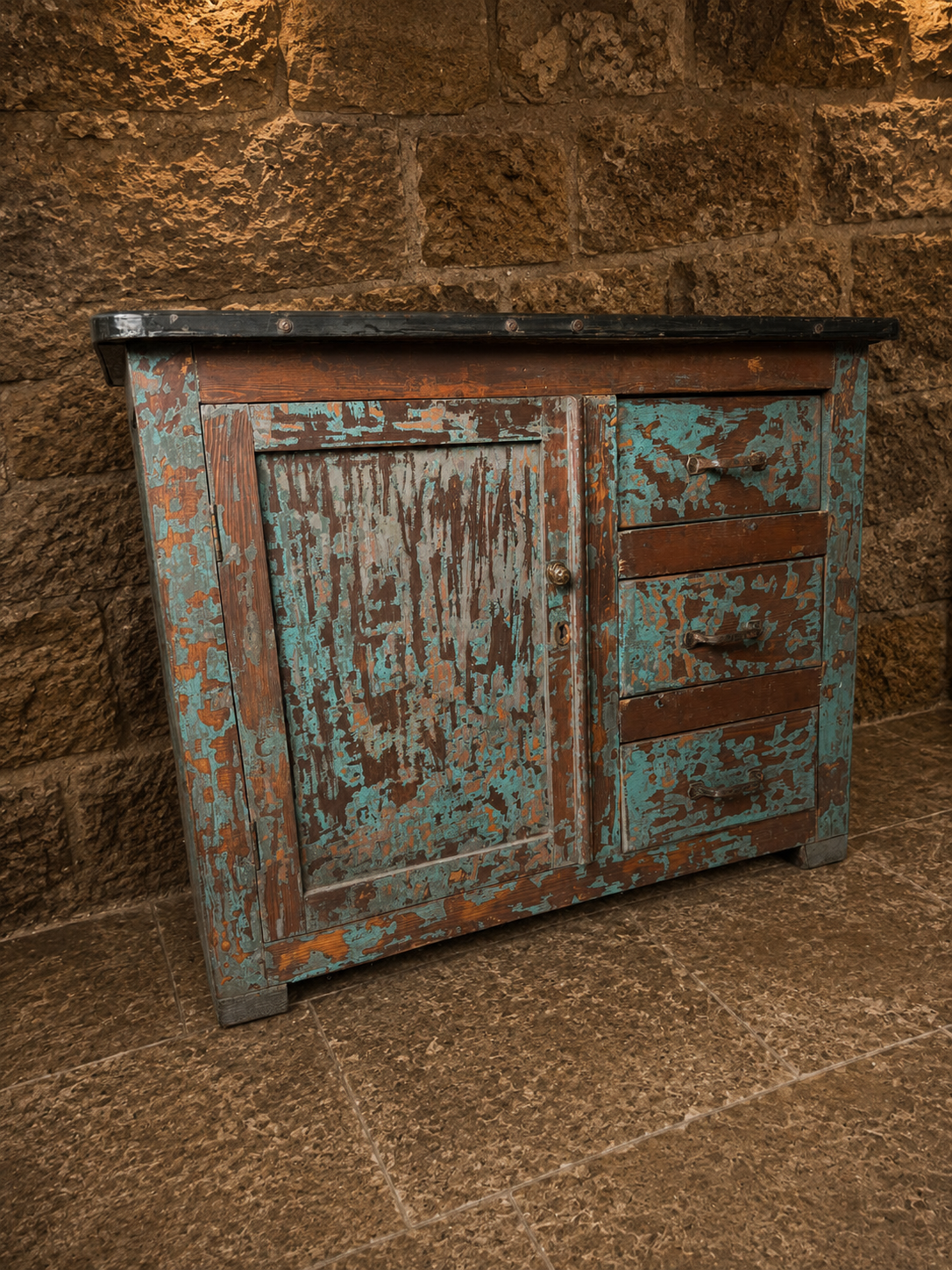 Antique Industrial Pine Sideboard | Original Painted Workshop Cabinet | Metal Top Storage Cabinet | Rustic Kitchen Island
