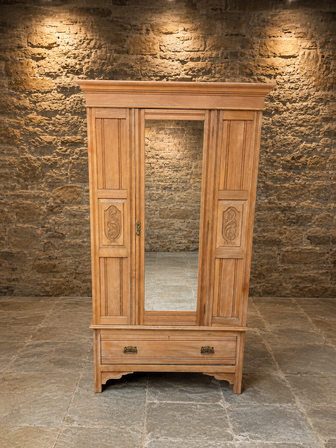 Antique Pine Mirrored Wardrobe – Late Victorian / Edwardian, Circa 1900