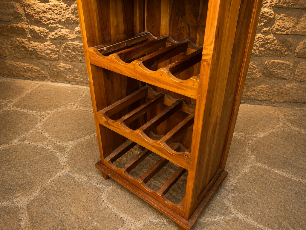 Vintage Wooden Wine Rack Cabinet – Freestanding Rustic Bottle Storage with Drawer