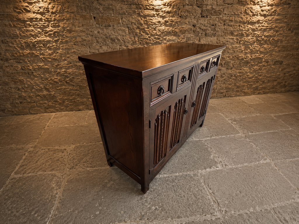 Solid Oak Gothic Revival Sideboard | Vintage English Oak Buffet Cabinet | Rustic Farmhouse Storage Cabinet | Tudor Style Sideboard