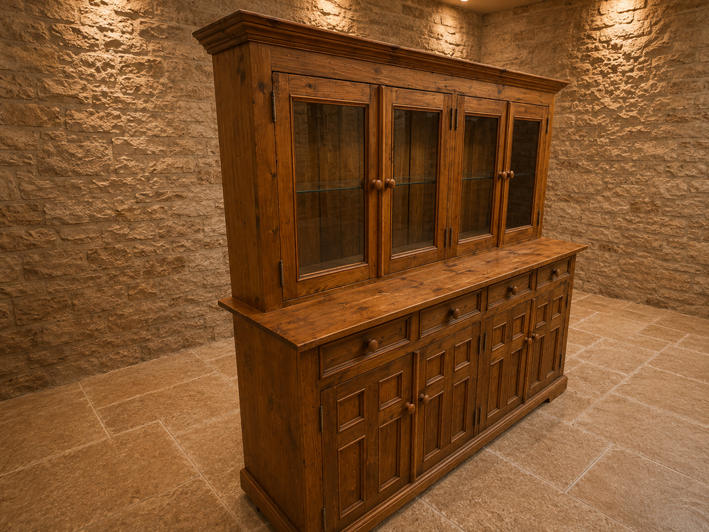 Large Solid Pine Farmhouse Dresser | Rustic Welsh Dresser | Glazed Display Cabinet