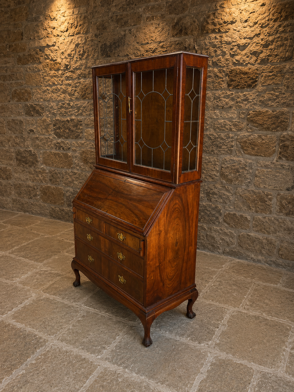Early 20th Century Walnut Bureau Bookcase with Leaded Glass – Circa 1930
