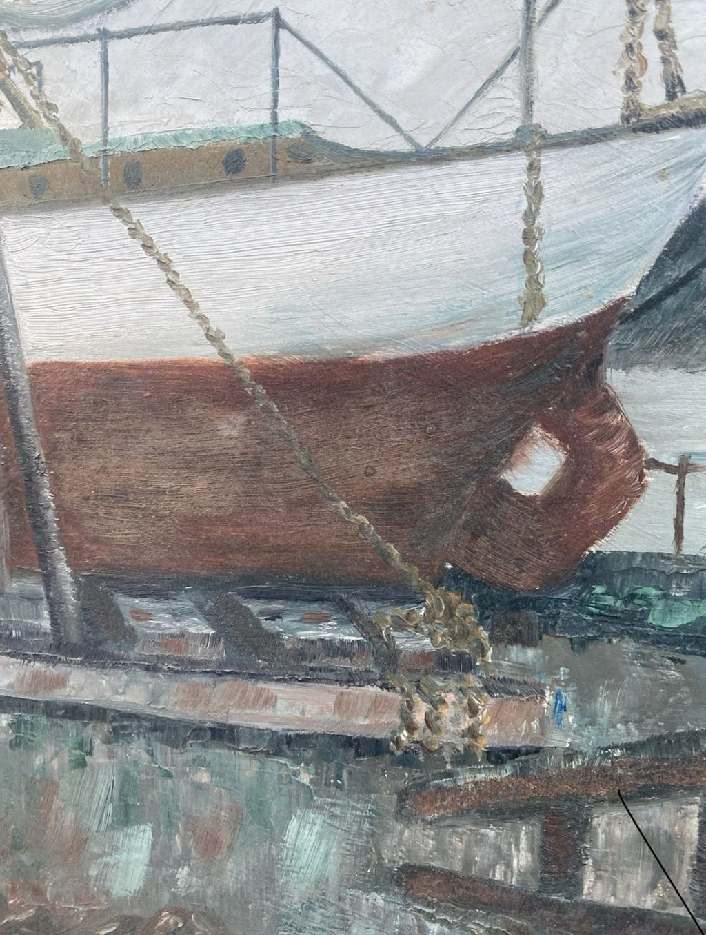 Exhibited 1967 British Maritime Oil Painting by Elsie M. Barrett – Dry Dock / Repairs, Bangor