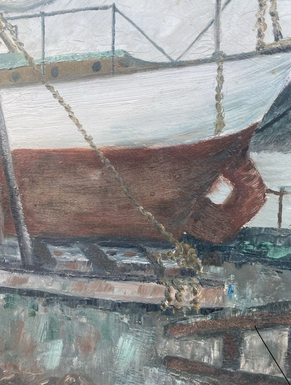 Exhibited 1967 British Maritime Oil Painting by Elsie M. Barrett – Dry Dock / Repairs, Bangor