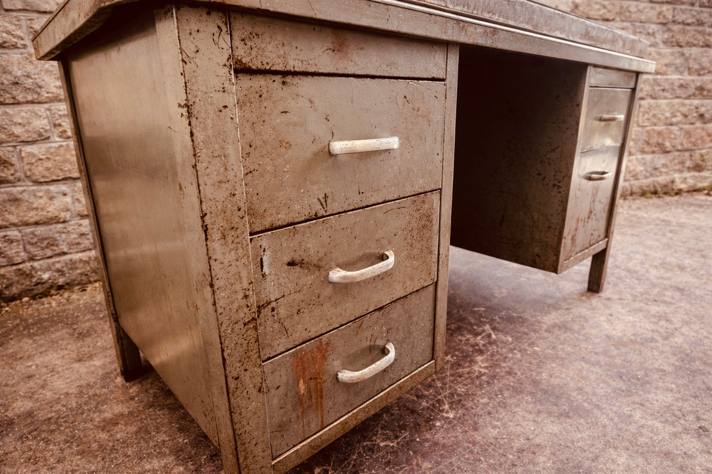 Vintage Industrial Steel Desk with Original Patina