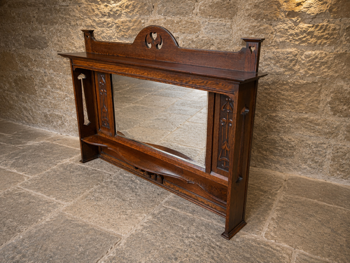 Antique Arts & Crafts Oak Overmantel Mirror | Edwardian English Fireplace Mirror | Solid Oak Hall Mirror | Original Antique Wall Mirror