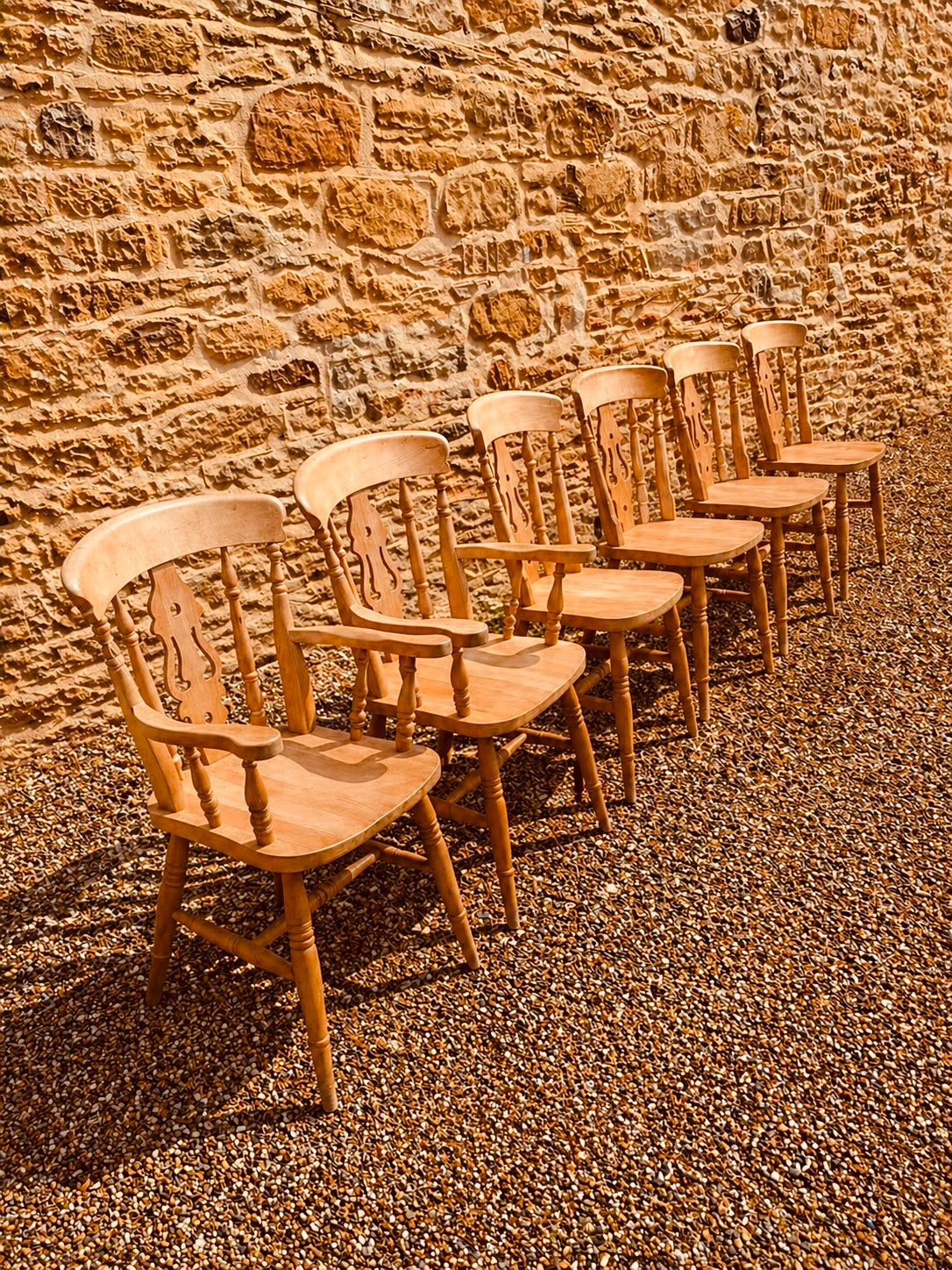 Set of 6 Vintage Farmhouse Dining Chairs with Carvers – Spindle Back English Country Chairs
