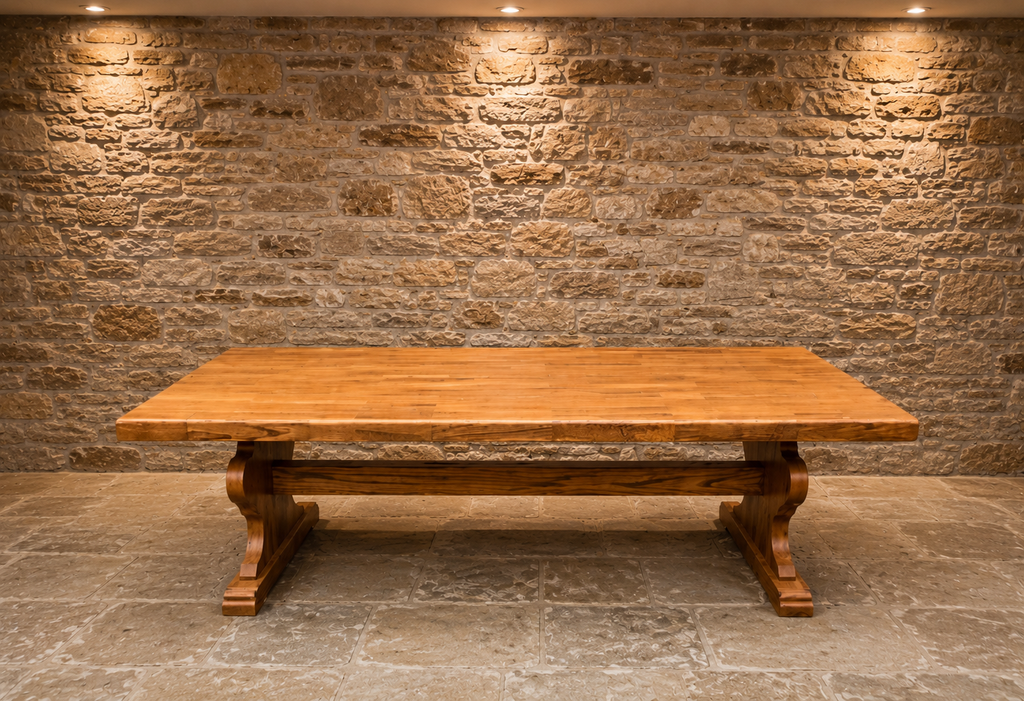 Large Solid Oak Refectory Dining Table | English Farmhouse Trestle Dining Table | Rustic Country Kitchen Table | Seats 8–10