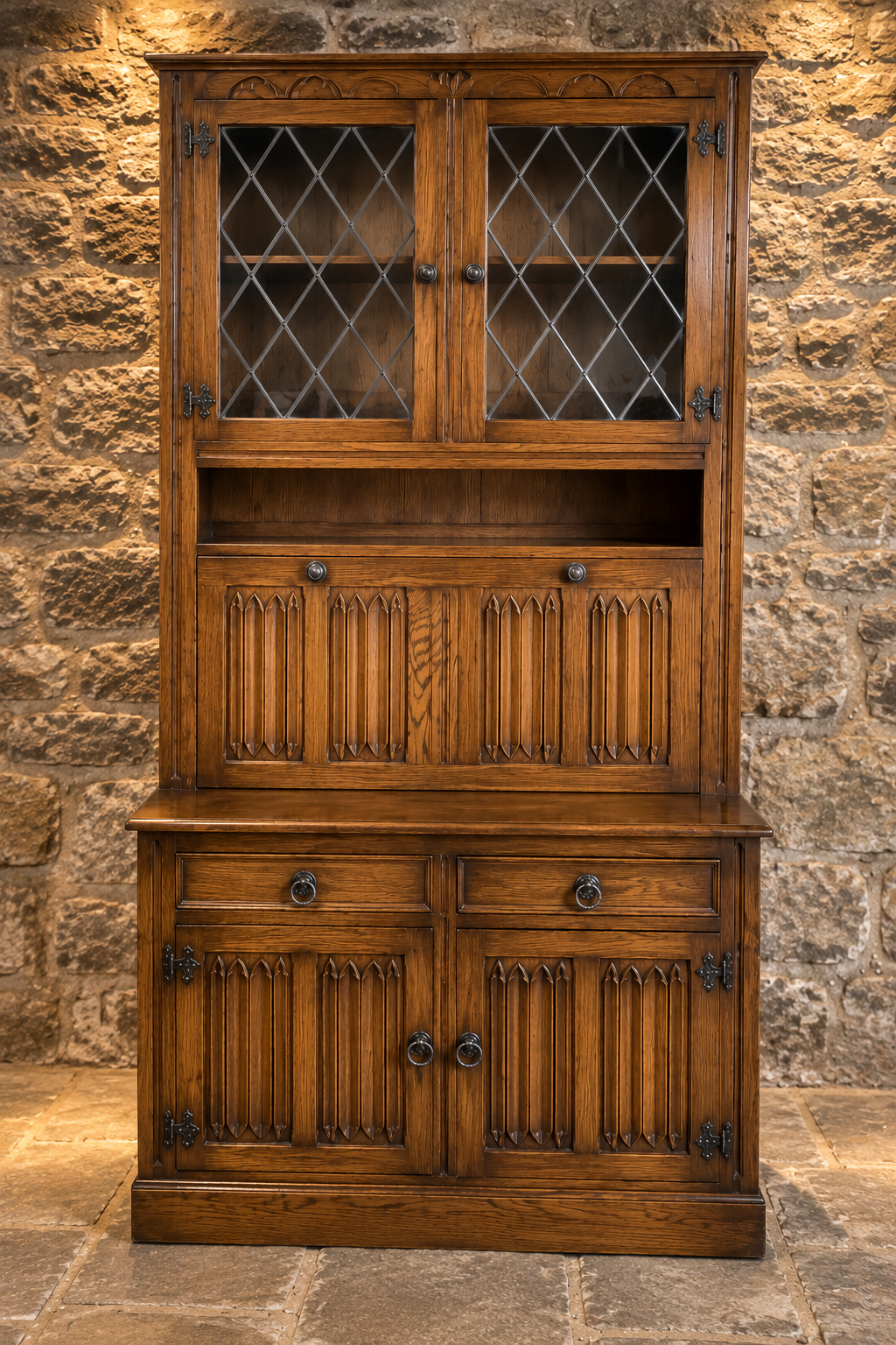 Vintage Carved Oak Tudor Revival Dresser & Leaded Glass Cabinet